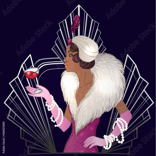 Retro fashion: glamour girl of twenties (African American woman). Vector illustration. Flapper  20's style. Vintage party invitation design template.
