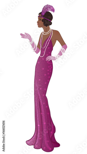 Retro fashion: glamour girl of twenties (African American woman). Vector illustration. Flapper  20's style. Vintage party invitation design template.