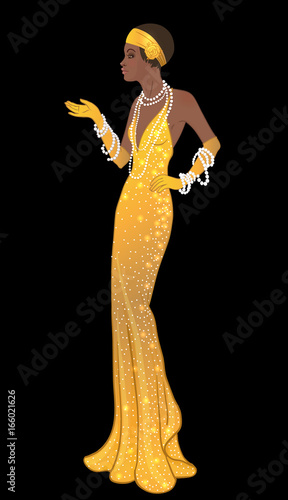 Retro fashion: glamour girl of twenties (African American woman). Vector illustration. Flapper  20's style. Vintage party invitation design template.