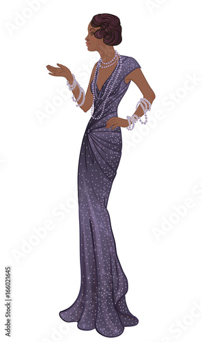 Retro fashion: glamour girl of twenties (African American woman). Vector illustration. Flapper  20's style. Vintage party invitation design template.