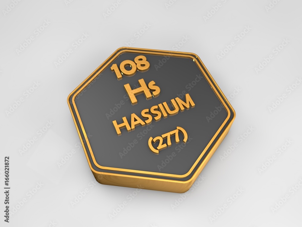 Hassium - Hs - chemical element periodic table hexagonal shape 3d render