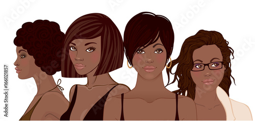 Group of African American pretty girls. Female portrait. Black beauty concept. Vector Illustration of Black Woman. Great for avatars.