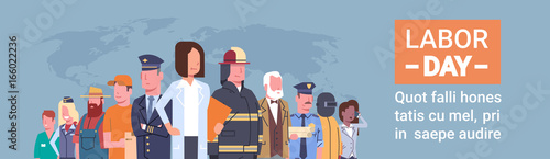 People Group Different Occupation Over World Map, International Labor Day, International Labor Day Flat Vector Illustration