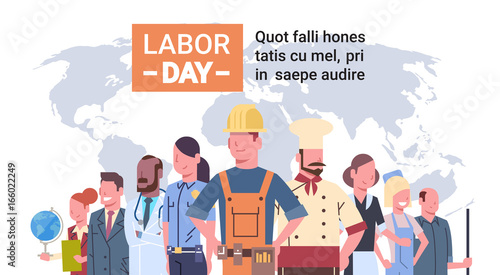 People Group Different Occupation Over World Map, International Labor Day, International Labor Day Flat Vector Illustration