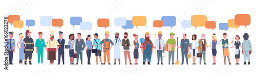 People Group With Chat Bubble Different Occupation Set Workers Profession Collection Flat Vector Illustration