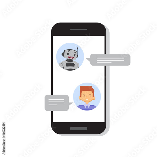 Man Chatting With Chat Bot On Cell Smart Phone, Robot Virtual Assistance Element Of Website Or Mobile Applications Vector Illustration