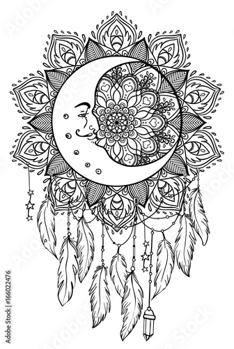 Hand drawn Native American Indian talisman dreamcatcher with feathers, moon. Vector hipster illustration isolated on white. Ethnic design, boho chic, Blackwork tattoo flash.