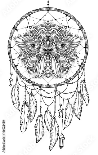 Hand drawn Native American Indian talisman dreamcatcher with feathers and moon. Vector hipster illustration isolated on white. Ethnic design, boho chic, tribal symbol.