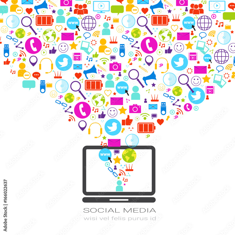 Laptop Computer With Social Media Icons On White Background Network Communication Concept Vector Illustration Laptop Computer With Social Media Icons On White Background Network Communication Concept Vector Illustration