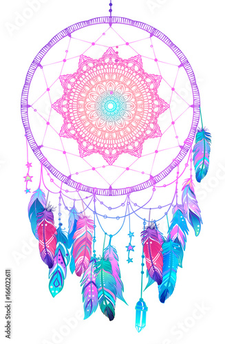 Hand drawn Native American Indian talisman dreamcatcher with feathers and moon. Vector hipster illustration isolated on white. Ethnic design, boho chic, tribal symbol.