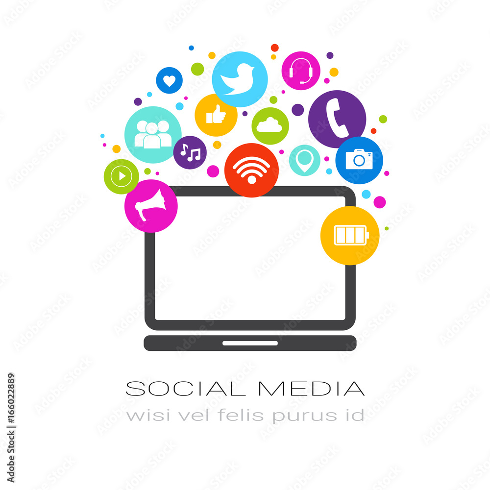 Laptop Computer With Social Media Icons On White Background Network Communication Concept Vector Illustration Laptop Computer With Social Media Icons On White Background Network Communication Concept Vector Illustration