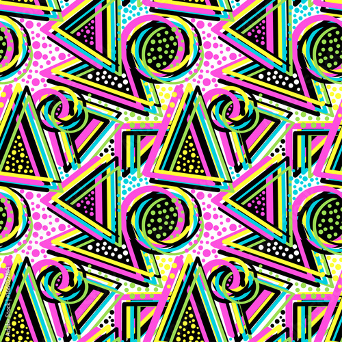 Abstract geometric triangles seamless background.Memphis style neon colors.