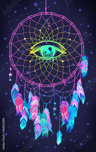 Hand drawn Native American Indian talisman dreamcatcher with eye, feathers and moon. Vector hipster illustration isolated on white. Ethnic design, boho chic, tribal symbol.