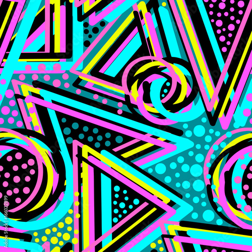 Abstract geometric triangles seamless background.Memphis style neon colors.