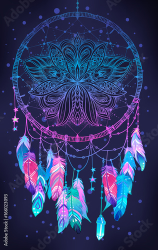 Hand drawn Native American Indian talisman dreamcatcher with feathers and moon. Vector hipster illustration isolated on white. Ethnic design, boho chic, tribal symbol.