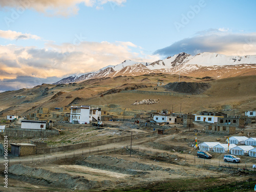 Karzok Village with snow capped mountain background near Tso Moriri Lake 