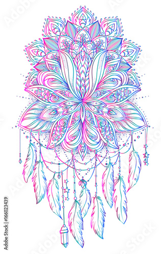 Hand drawn Native American Indian talisman dreamcatcher with feathers and moon. Vector hipster illustration isolated on white. Ethnic design, boho chic, tribal symbol.