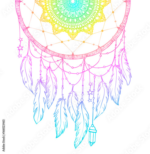 Hand drawn Native American Indian talisman dreamcatcher with feathers and moon. Vector hipster illustration isolated on white. Ethnic design, boho chic, tribal symbol.