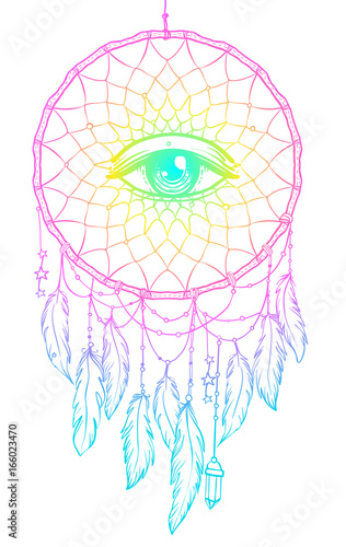 Hand drawn Native American Indian talisman dreamcatcher with eye, feathers and moon. Vector hipster illustration isolated on white. Ethnic design, boho chic, tribal symbol.