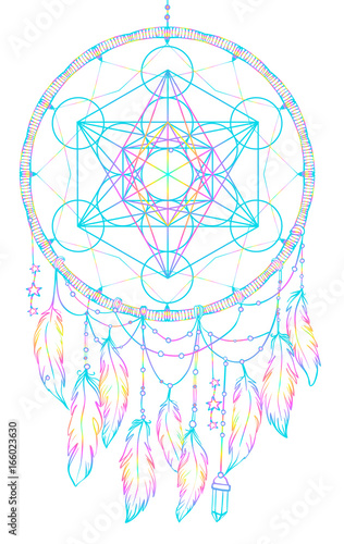 Native American Indian talisman dream catcher with Metatrons Cube, Flower of life, feathers, moon. Vector hipster illustration isolated on white.