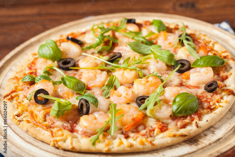 Pizza with shrimps.