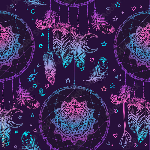 Hand drawn Native American Indian talisman dreamcatcher with feathers and moon. Seamless pattern. Vector hipster illustration. Ethnic design, boho chic, tribal symbol.