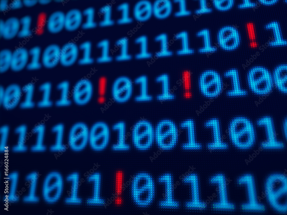 Exclamation red symbols between blue binary data on pixels screen 3D rendered with depth of field Exclamation red symbols between blue binary data on pixels screen 3D rendered with depth of field