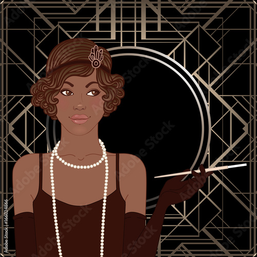 Retro fashion: glamour girl of twenties (African American woman). Vector illustration. Flapper  20's style. Vintage party invitation design template.