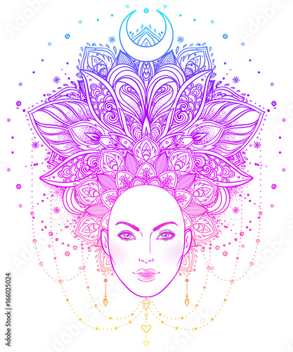 Tribal Fusion Boho Diva. Beautiful Asian divine girl with ornate crown, kokoshnik inspired. Bohemian goddess. Hand drawn elegant illustration.