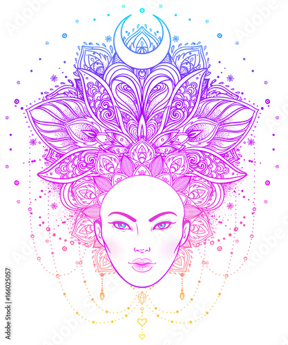 Tribal Fusion Boho Diva. Beautiful Asian divine girl with ornate crown, kokoshnik inspired. Bohemian goddess. Hand drawn elegant illustration.