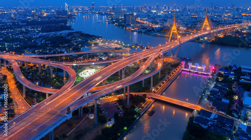 Foto Top view over the highway,expressway and motorway at night, Aerial view intercha