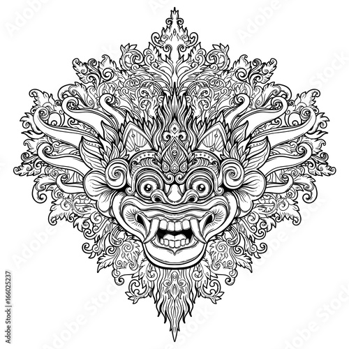 Barong. Traditional ritual Balinese mask. Vector decorative ornate outline illustration isolated. Hindu ethnic symbol, tattoo art, yoga, Bali spiritual design