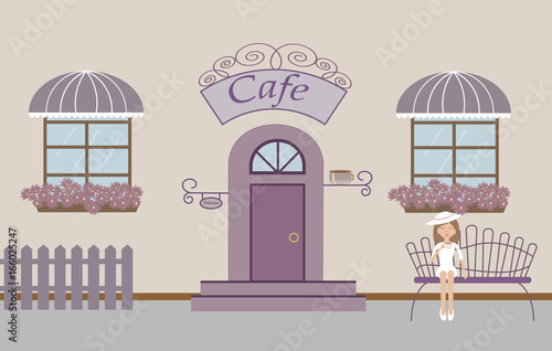 Pretty scenery in a rustic style. A cafe, beautiful girl, two windows with a striped awnings, door, stairs, flowers.A cute bench. A fence. Vector illustration 