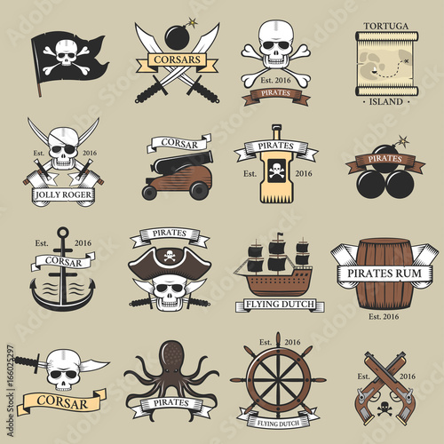 Modern professional pirate logo marine badges nautical sword old skeleton banner vector illustration.