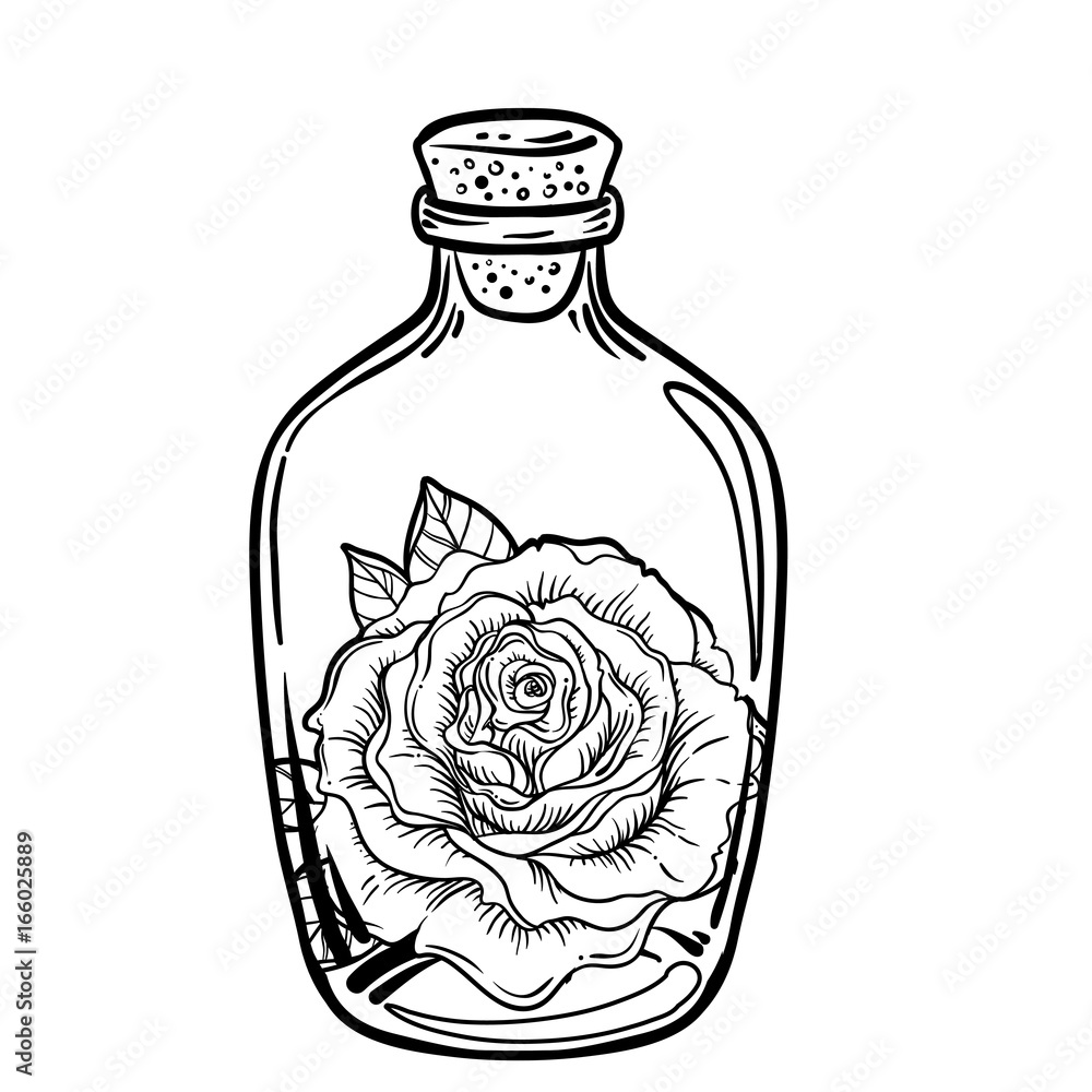 Blackwork tattoo flash. Rose flower inside bottle. Highly detailed vector illustration isolated on white. Tattoo design, mystic symbol. New school dotwork. Boho. Stock Vector