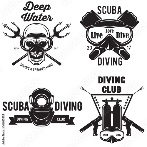 Set of Scuba diving club and diving school badges with design elements. Vector illustration. Concept for shirt or logo, print, stamp or tee.