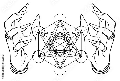 Vintage style human hands with sacred geometry symbols. Dotwork ink tattoo flash design. Vector illustration isolated on white. Astrology, Sacred Mandala, Flower of life