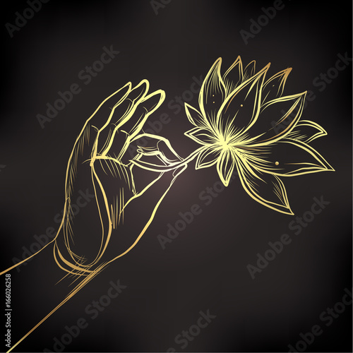 Lord Buddha's hand holding Lotus flower. Vector illustration of Mudra  gold over black background  Hindu motifs. Tattoo, yoga, spirituality, textiles. Sketchy style
