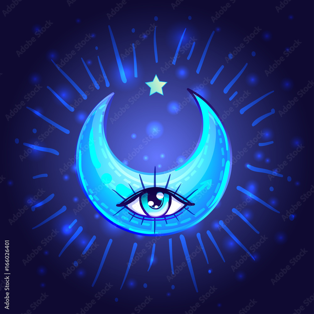 Mystic Crescent Moon with one eye in anime or manga style. Hand-drawn  vector illustration over deep background. Trendy magic print, alchemy,  religion, spirituality, occultism. Stock Vector
