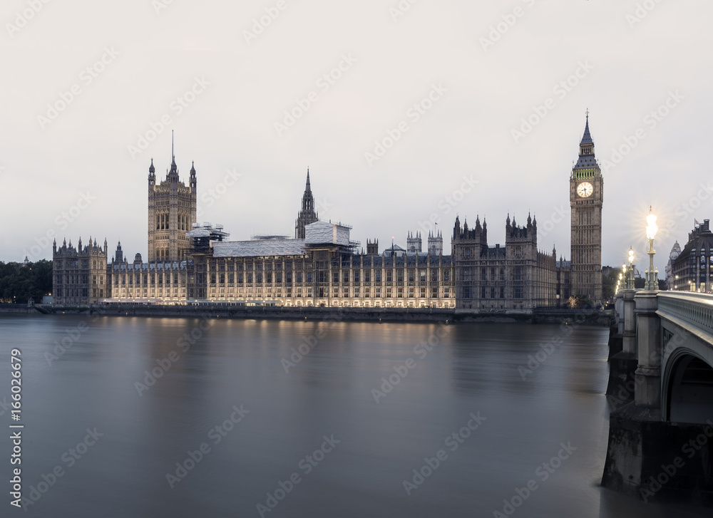 A view of the Palace of Westminster and Big Ben from across the River Thames.