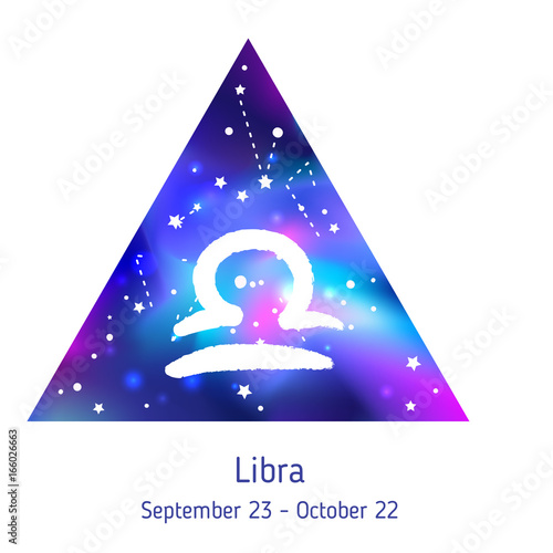 Zodiac sign Libra over hipster triangle with space galactic starry texture in...