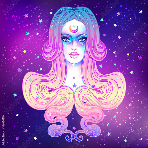 Cute teen girl with galaxy make up, dyed purple hair and stars, constellations. Art nouveau and kawaii gothic inspired. Hipster, pastel goth, vibrant colors.