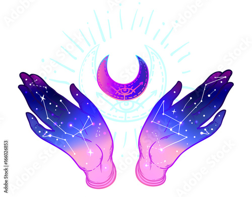 Open hands with galaxy inside showing crescent moon.  Hand drawn illustration...