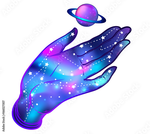 Open hand with galaxy inside holding Saturn planet. Hand drawn illustration. ...