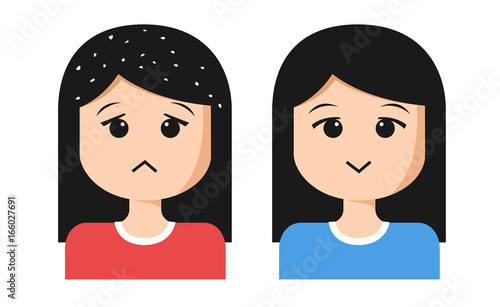 women cartoon with dandruff on hair