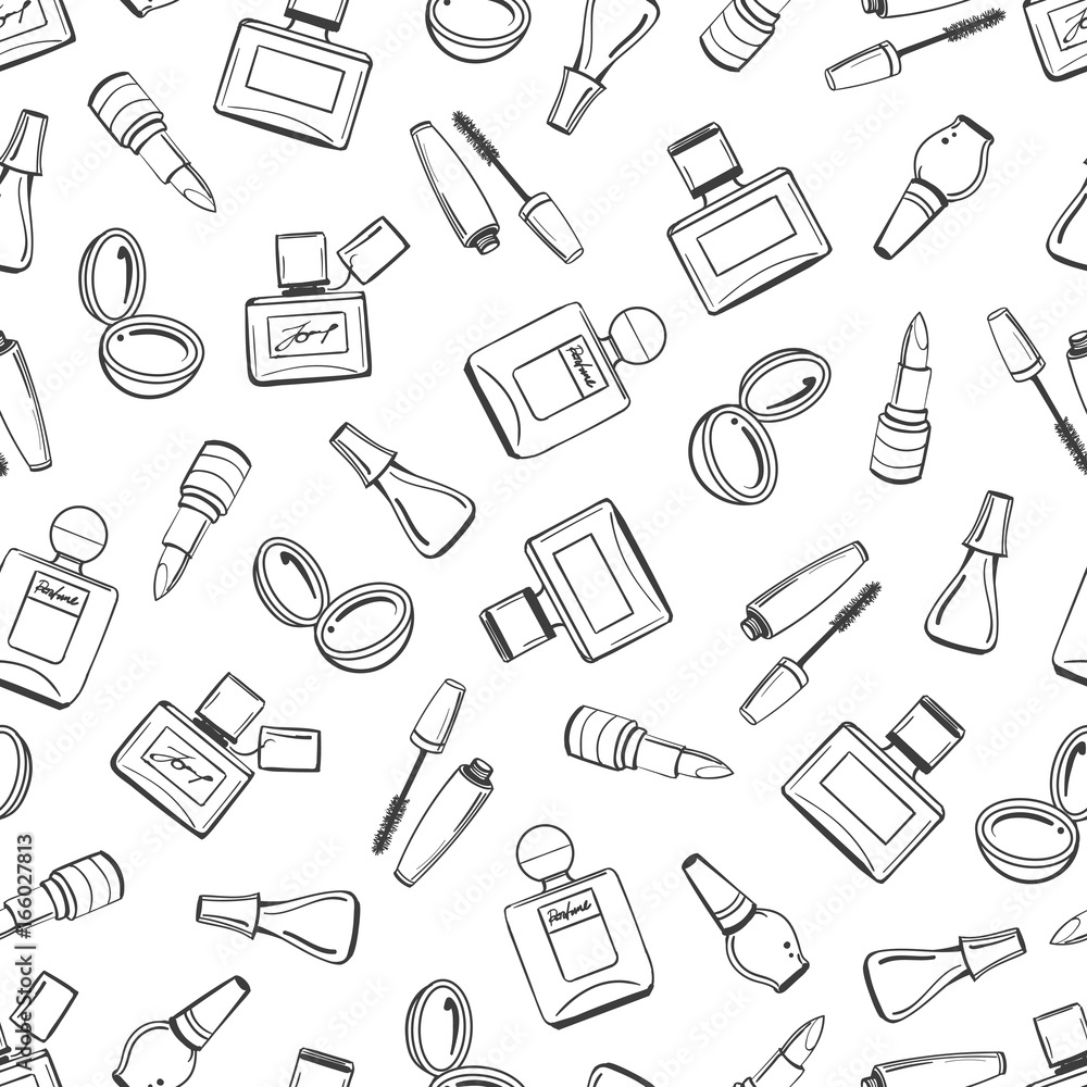 Girls seamless pattern with cosmetics elements, vector illustration Girls seamless pattern with cosmetics elements, vector illustration