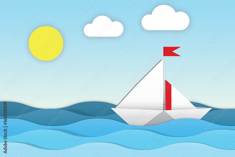 Naklejka premium The paper boat with a flag floats among the waves