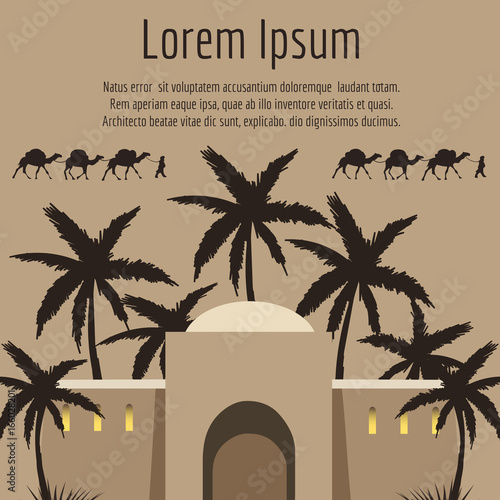 Arabian house, palm tree, camels backround, vector illustration
