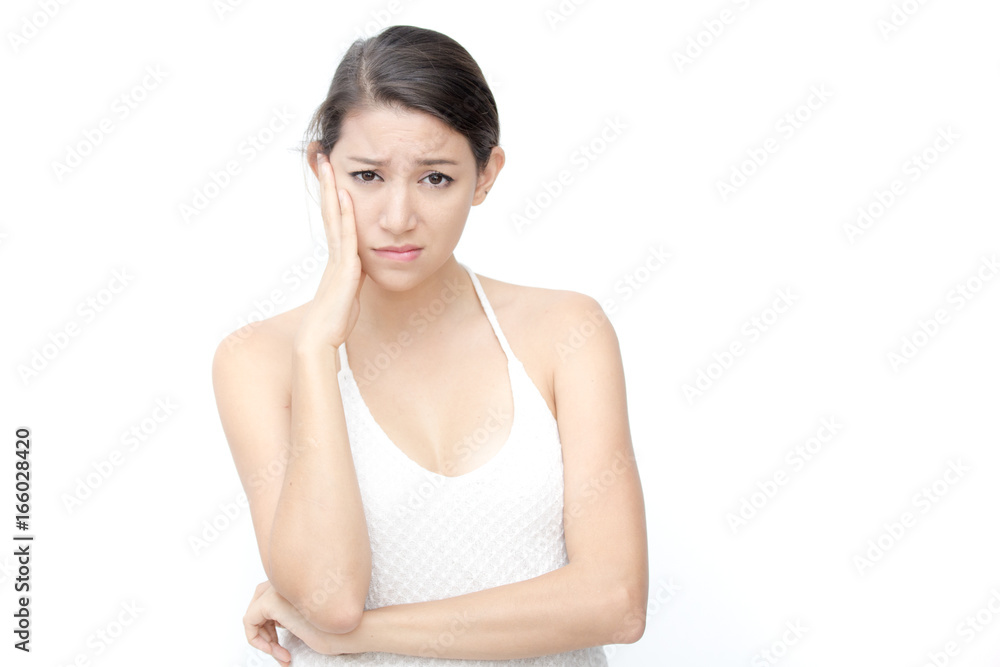 Asian Woman feelling toothache. isolated on white background, 20-30 year old Asian Woman feelling toothache. isolated on white background, 20-30 year old