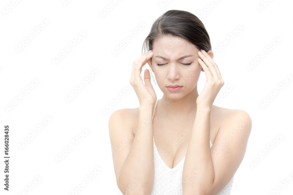 Beautiful Woman with stress feeling concept. Fashion Beauty Model isolated on white, 20s year old.